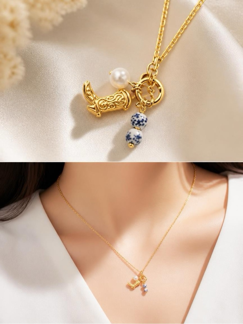 Josslyn 18kt dipped Gold-Tone Pearl & Blue Ceramic Charm Necklace w/ cowboy boot